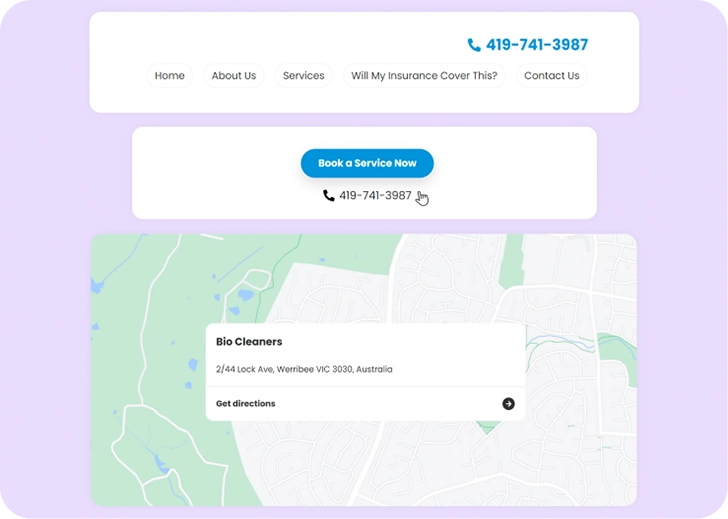 Lo screenshot di un'intestazione con navigation pills con numero di contatto, un pulsante principale di colore blu con numero di contatto e una rappresentazione 2D di una mappa con un indirizzo commerciale al centro