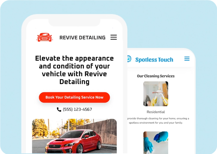 Landing page di Revive Detailing e Spotless Touch in due smartphone, affiancate, che mostrano la visualizzazione mobile dei siti web