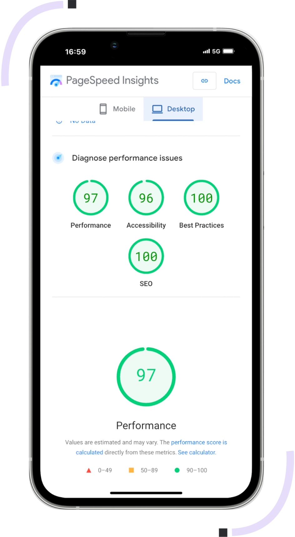 PageSpeed Insights che mostra i risultati dei core web vitals di un sito web in versione mobile, con punteggio 97 in performance, 96 in accessibilità, 100 in best practice e 100 in SEO