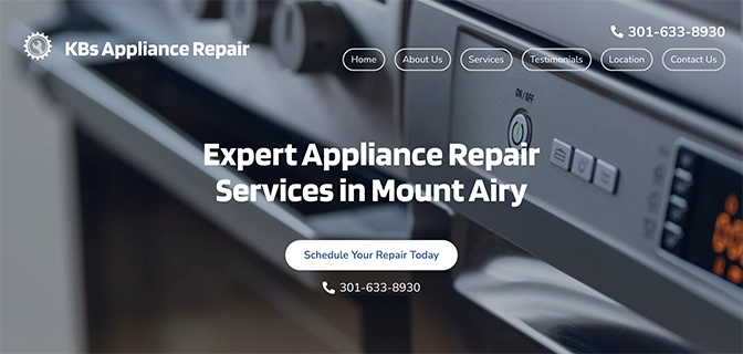 Landing page di KBs Appliance Repair con la tagline “Expert Appliance Repair Services in Mount Airy” mostrata sull’immagine di sfondo di alcuni forni